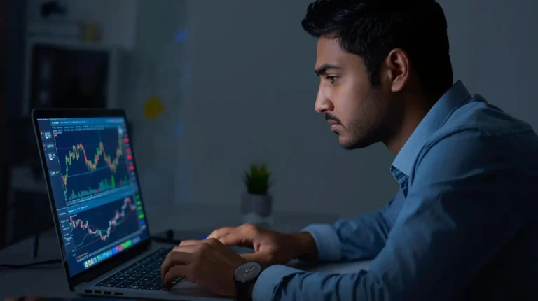 Person studying trading charts on a laptop