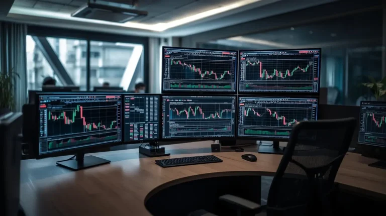 Office workstation with trading charts displayed on multiple monitors