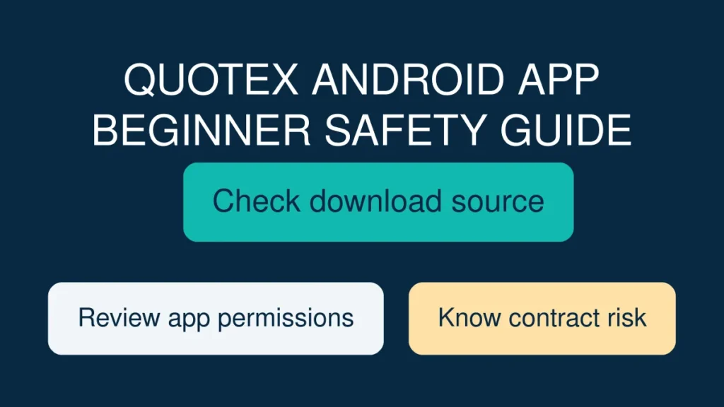 Quotex Android app research guide thumbnail with checks for official download, privacy, contract terms and financial risk
