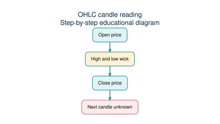 OHLC candle reading with labelled steps, examples and risk checks