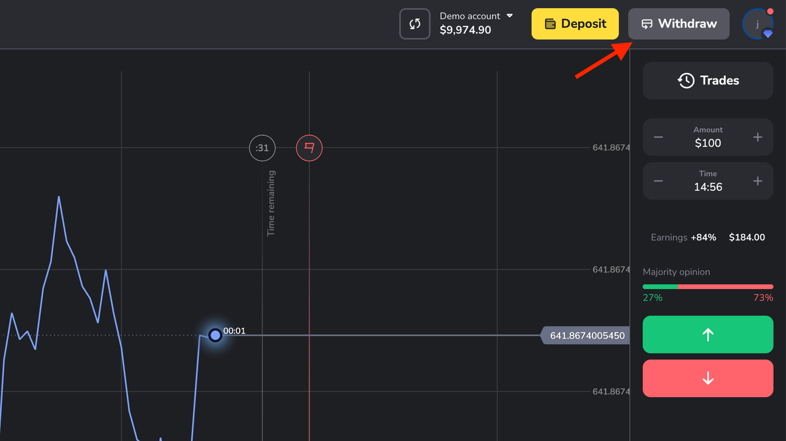 Official Binomo help screenshot pointing to Withdraw; the displayed balance is a demo balance
