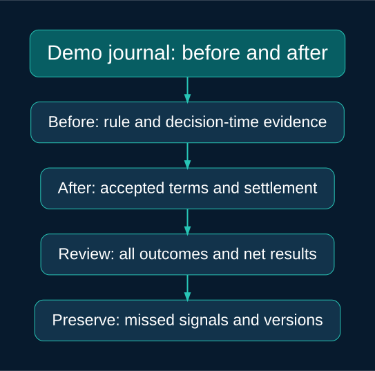 Demo journal: before and after: Before: rule and decision-time evidence; After: accepted terms and settlement; Review: all outcomes and net results; Preserve: missed signals and versions