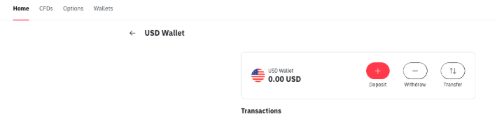 Official Deriv community screenshot of USD Wallet with Deposit Withdraw and Transfer controls; the example balance is zero