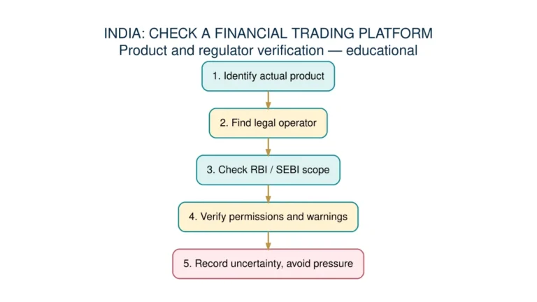 Five-step India financial trading platform checklist: identify product and operator, consult RBI SEBI, verify authorisations, avoid unverified claims