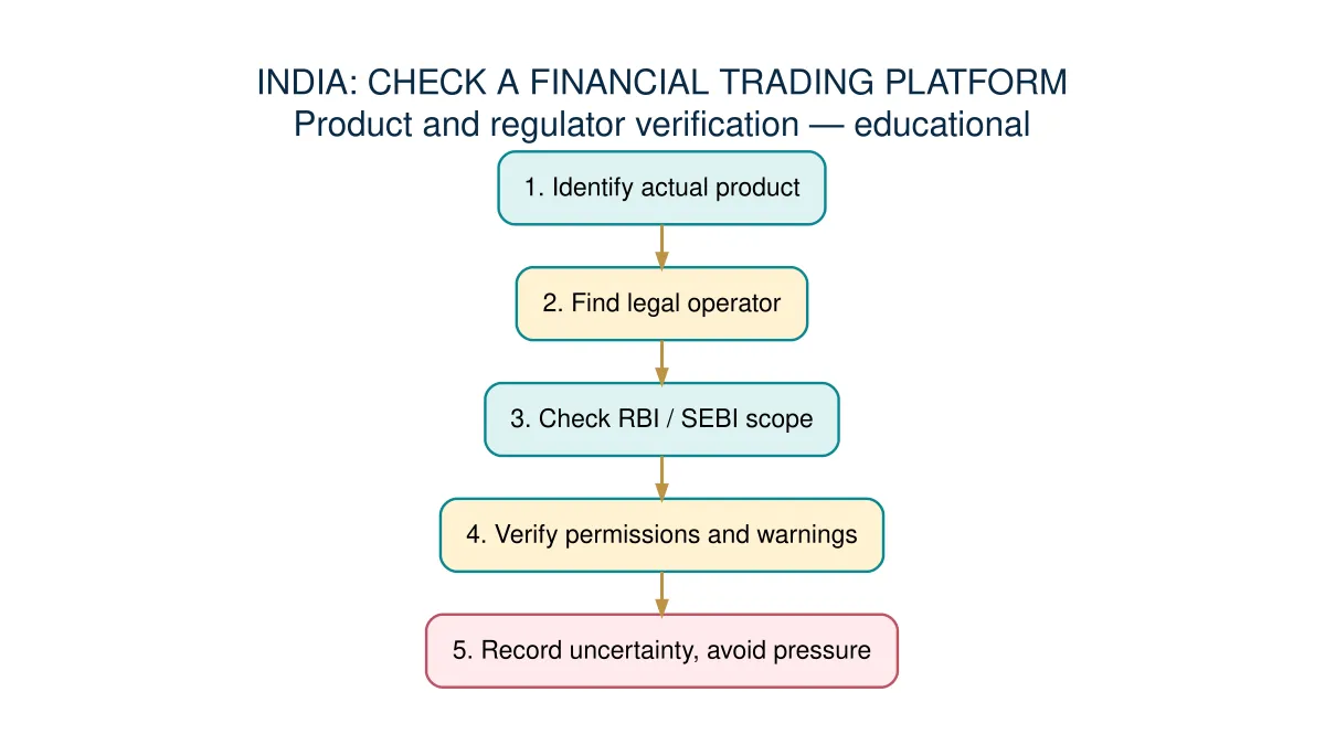India research checklist: identify financial product and company, verify RBI or SEBI scope, read current warnings and avoid unsupported authorisation claims