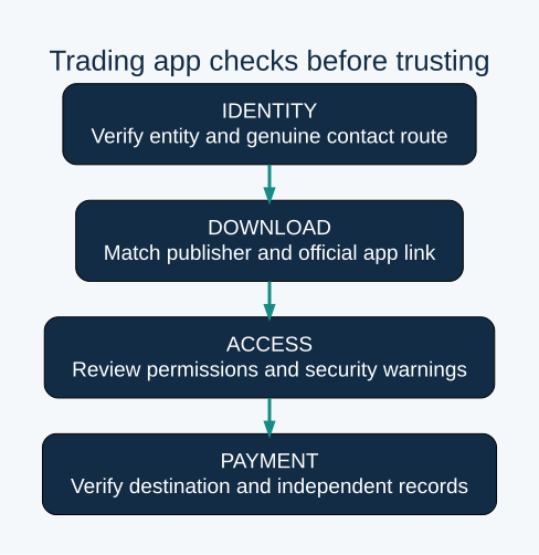 IDENTITY: Verify entity and genuine contact route; DOWNLOAD: Match publisher and official app link; ACCESS: Review permissions and security warnings; PAYMENT: Verify destination and independent records. Review checklist; no guarantee of recovery or safety.
