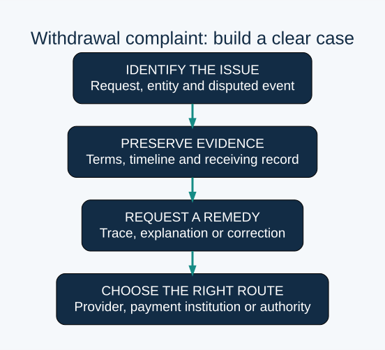 IDENTIFY THE ISSUE: Request, entity and disputed event; PRESERVE EVIDENCE: Terms, timeline and receiving record; REQUEST A REMEDY: Trace, explanation or correction; CHOOSE THE RIGHT ROUTE: Provider, payment institution or authority. Review checklist; no guarantee of recovery or safety.